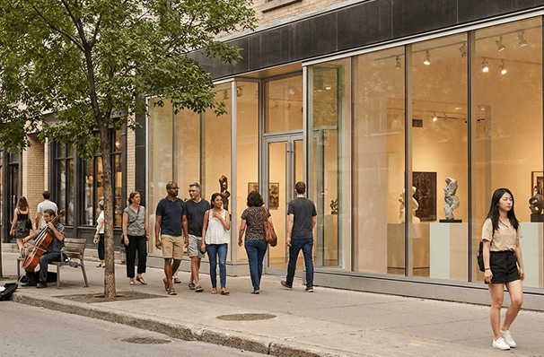 モントリオールのアートギャラリー周辺で文化を楽しむ人々