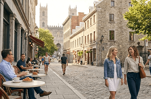 モントリオール旧市街の石畳の通りとヨーロッパ風の街並み
