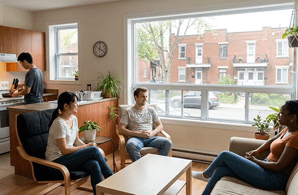 モントリオールでの留学生活をイメージしたシェアハウスのリビング風景