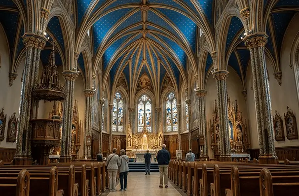 モントリオールのノートルダム大聖堂の豪華な内装とステンドグラス