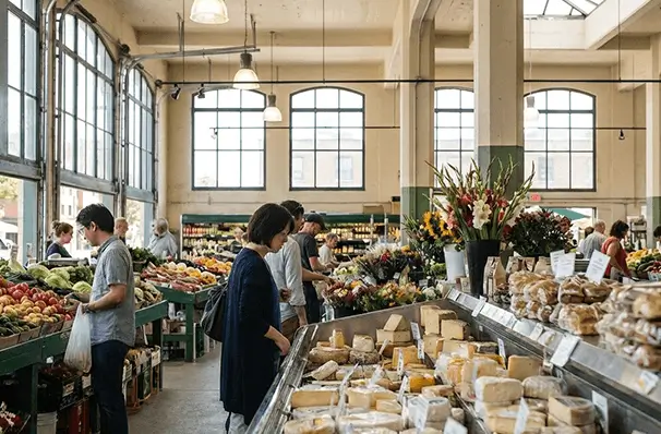 モントリオールのアトウォーターマーケットで地元食材を楽しむ人々