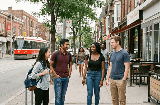 トロントの多文化な街並みで多国籍の若者が交流する様子