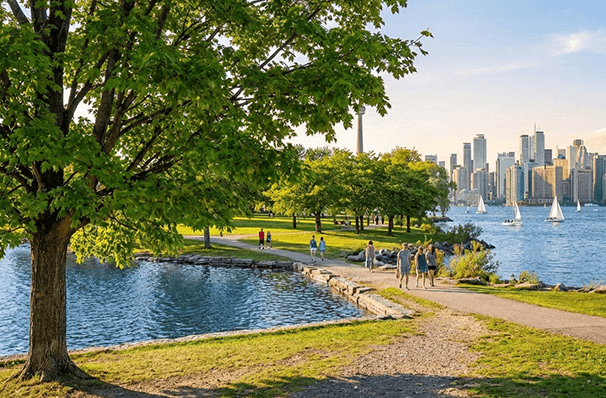 トロントの公園とオンタリオ湖、CNタワーを望む自然豊かな景色