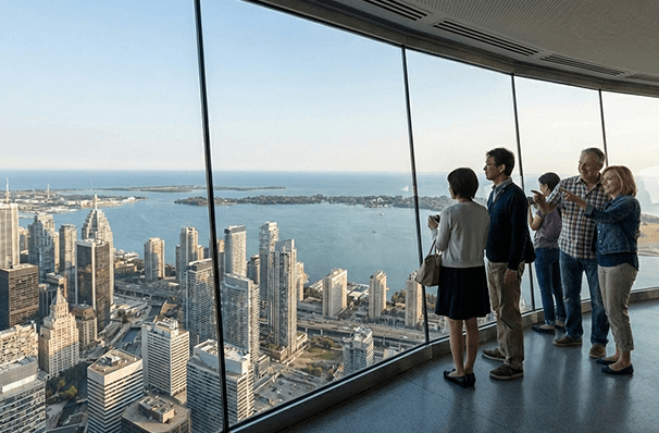トロントの展望台から見た高層ビル群とオンタリオ湖の絶景