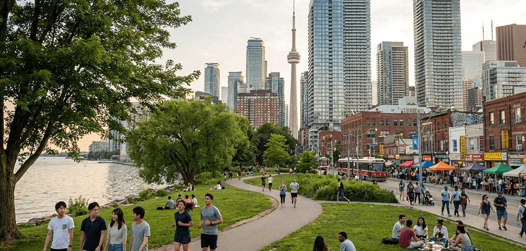 トロントのダウンタウンと湖畔の公園で人々が過ごす活気ある街の風景
