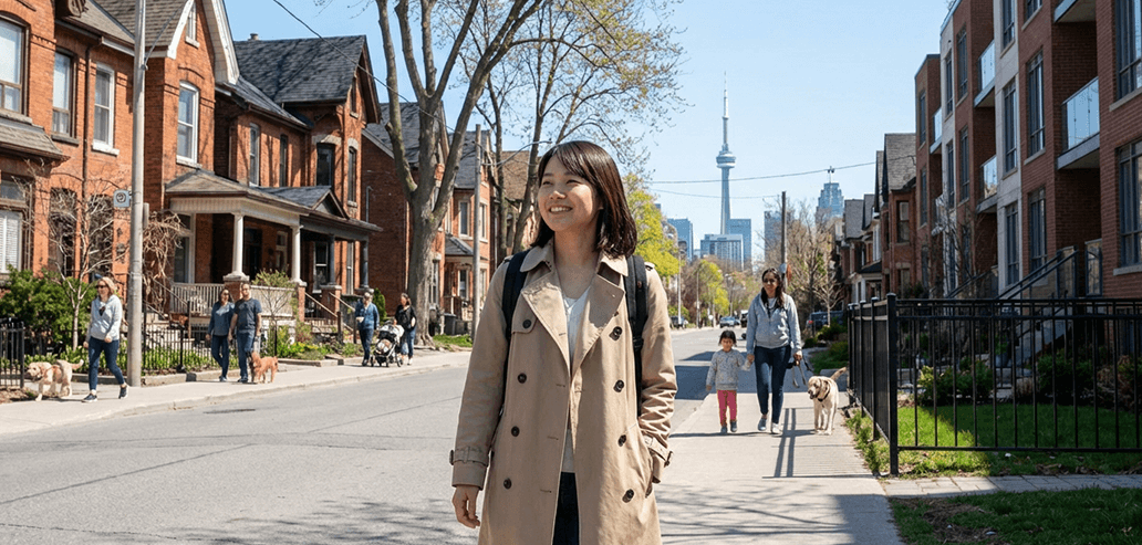 トロントの住宅街を安心して歩く女性と安全な生活環境のイメージ