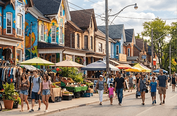 トロントのケンジントンマーケットで多文化な街歩きを楽しむ人々の様子