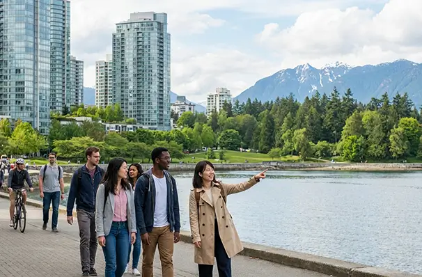 バンクーバーの水辺と都市・自然が共存する風景を歩く人々