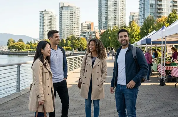 バンクーバーのウォーターフロントで交流する多国籍の人々