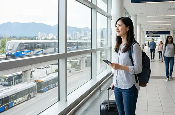 バンクーバー空港とスカイトレインで移動する日本人旅行者