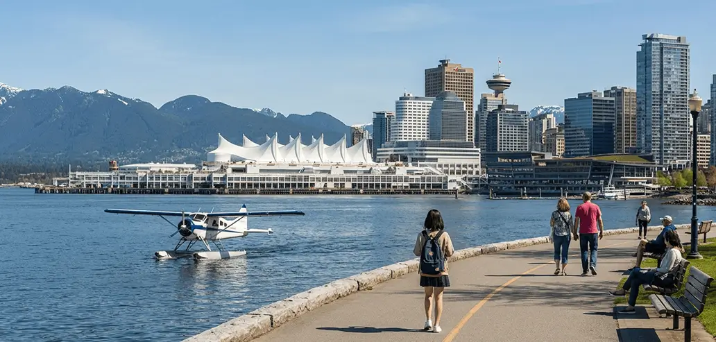 バンクーバーの海沿いを歩く留学生