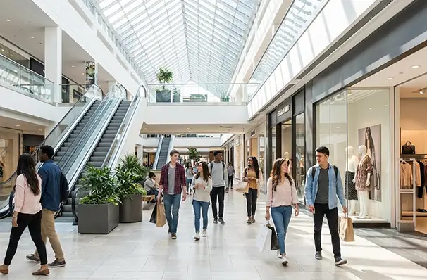バンクーバーのショッピングモール内部（CFパシフィックセンター）で買い物を楽しむ人々