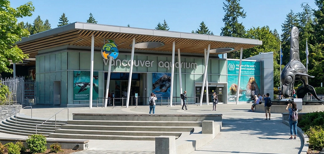 バンクーバー水族館の外観とスタンレーパークの景色