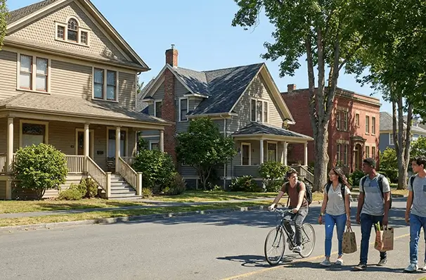 ビクトリアの住宅街と登校中の留学生