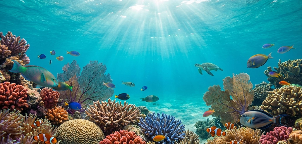 カラフルな魚が泳ぐ海中のサンゴ礁