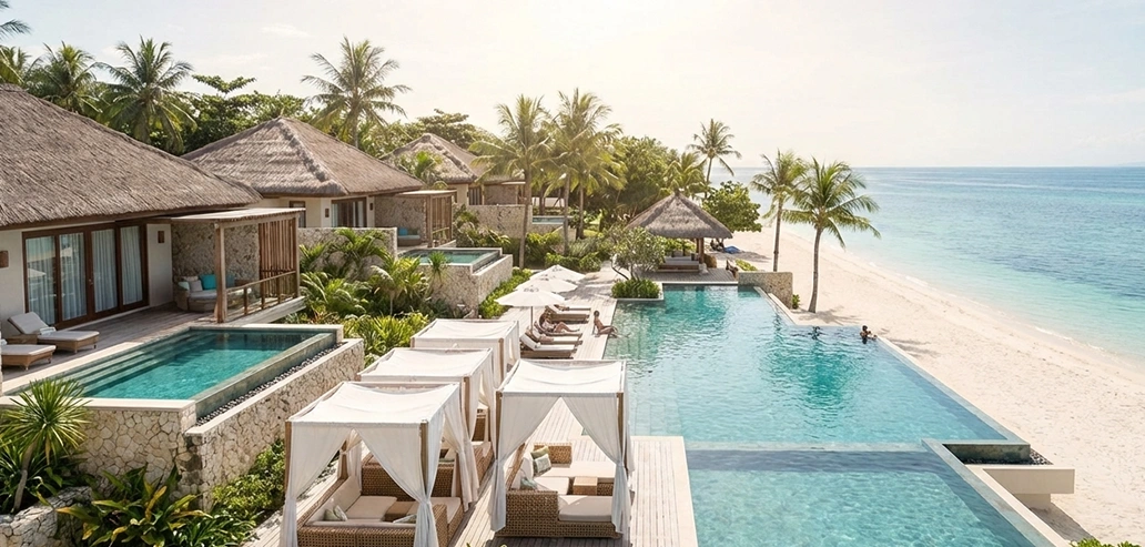 プールと海が一体化した南国リゾート施設