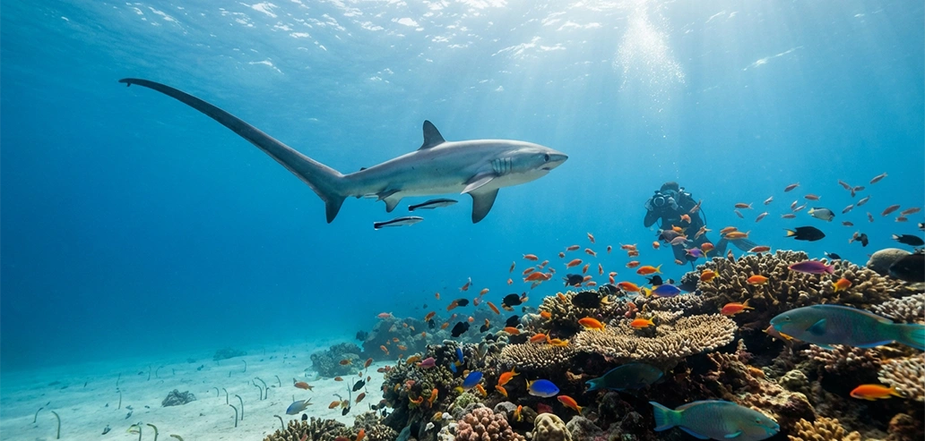 海中を泳ぐエイとサンゴ礁の様子