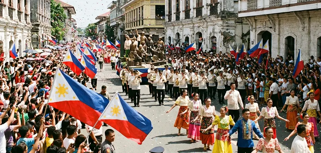 国旗を掲げて行進する大規模なパレード