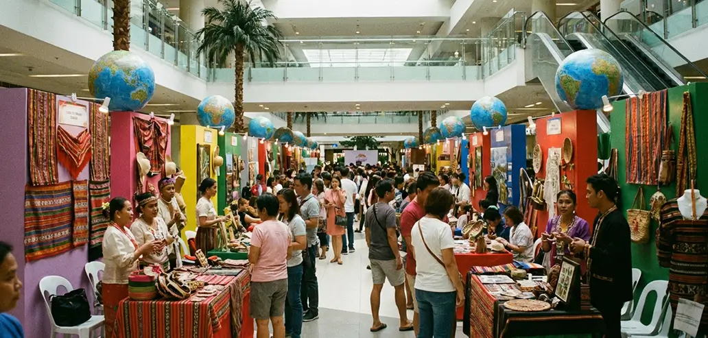 屋内マーケットで買い物を楽しむ人々