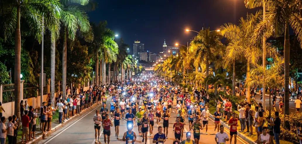 夜の並木道で開催される大規模なストリートイベント