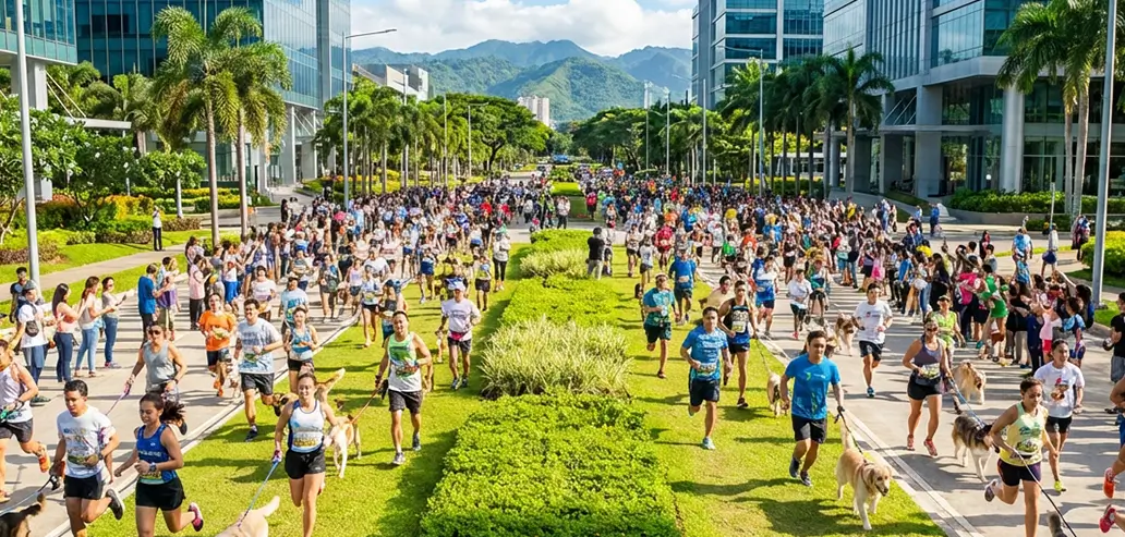 公園で行われる屋外フェスティバルに集まる人々