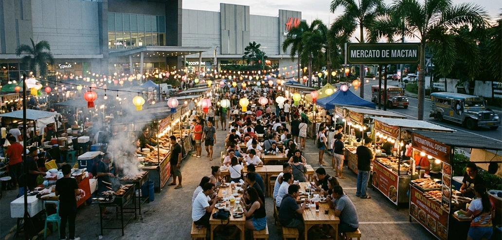 飲食屋台が密集する活気ある市場エリア
