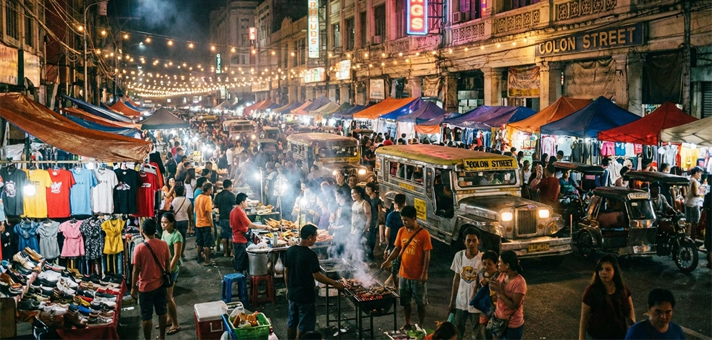 ネオンと屋台が立ち並ぶ夜の市場の通り