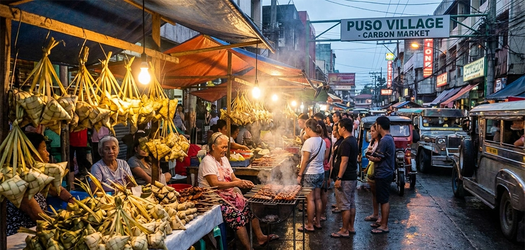 雨上がりの路地でにぎわうナイトマーケット