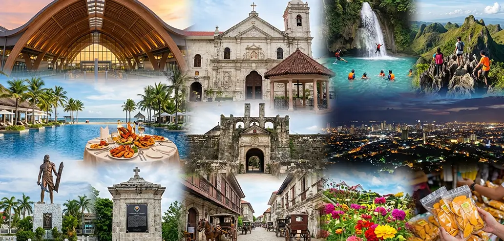 歴史的建築や自然、街並みを楽しめる観光名所の集合イメージ