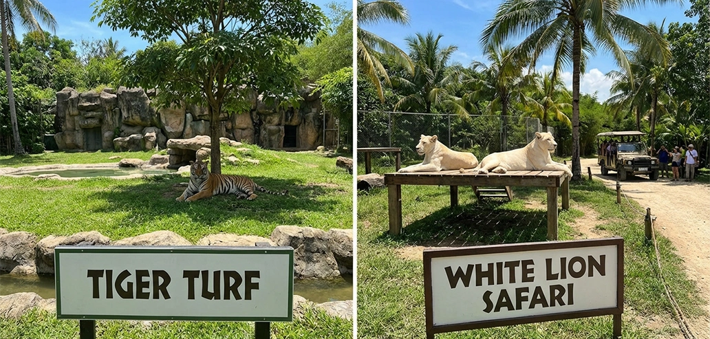 サファリパークの案内看板と周辺の自然