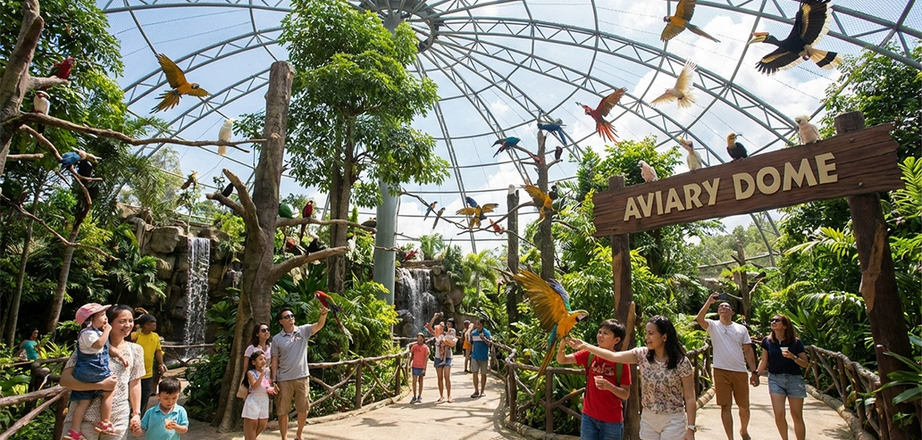 熱帯植物に囲まれたテーマパーク内の散策路