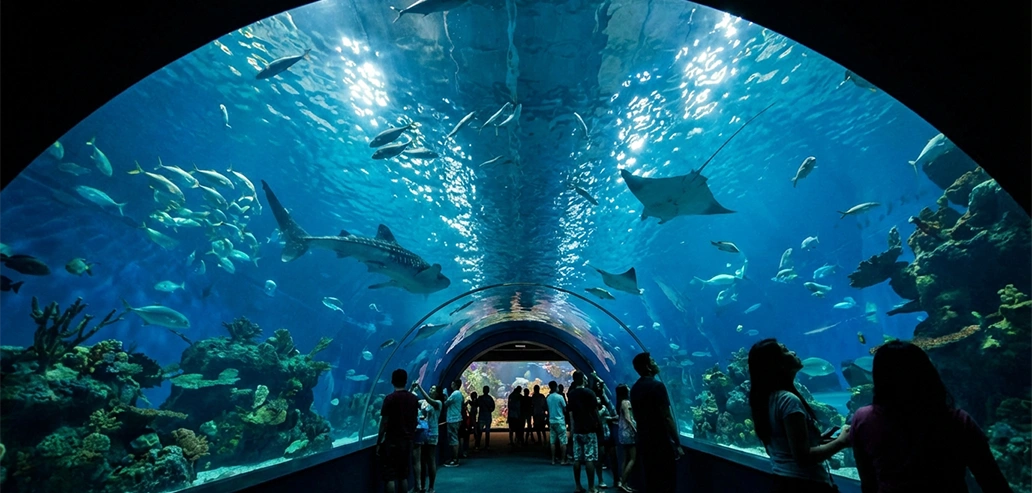 水中トンネルで海の生き物を観察する人々