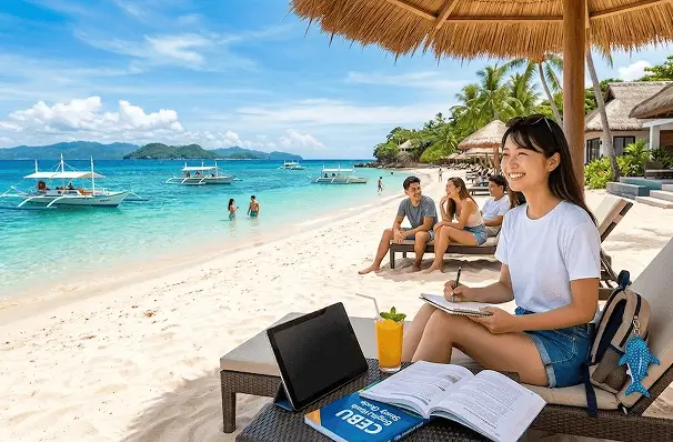 セブ島でビーチを楽しみながら英語学習する女性——初心者向けフィリピン留学