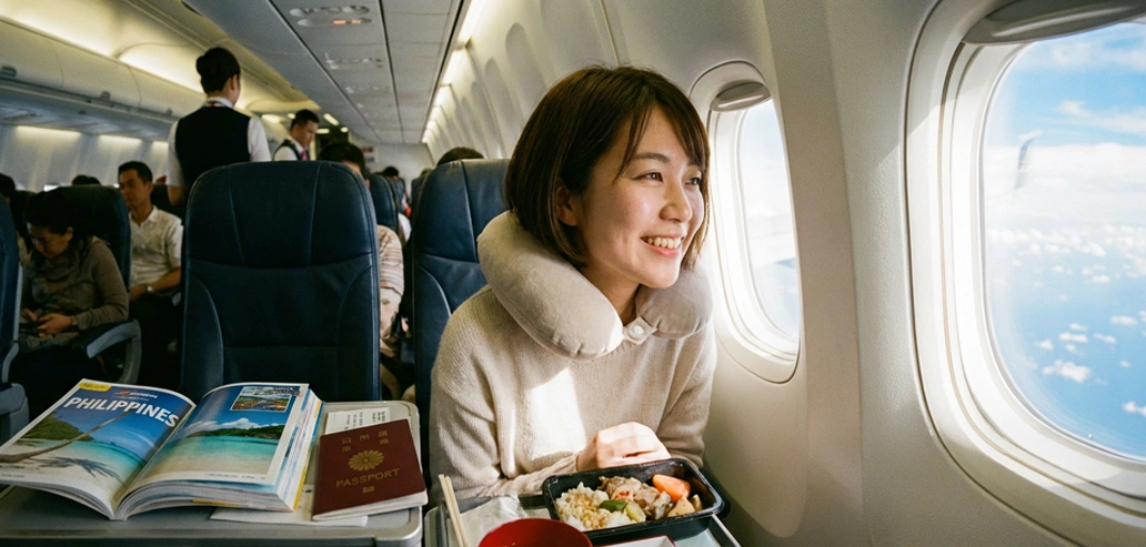 飛行機の窓から外を眺める乗客の様子