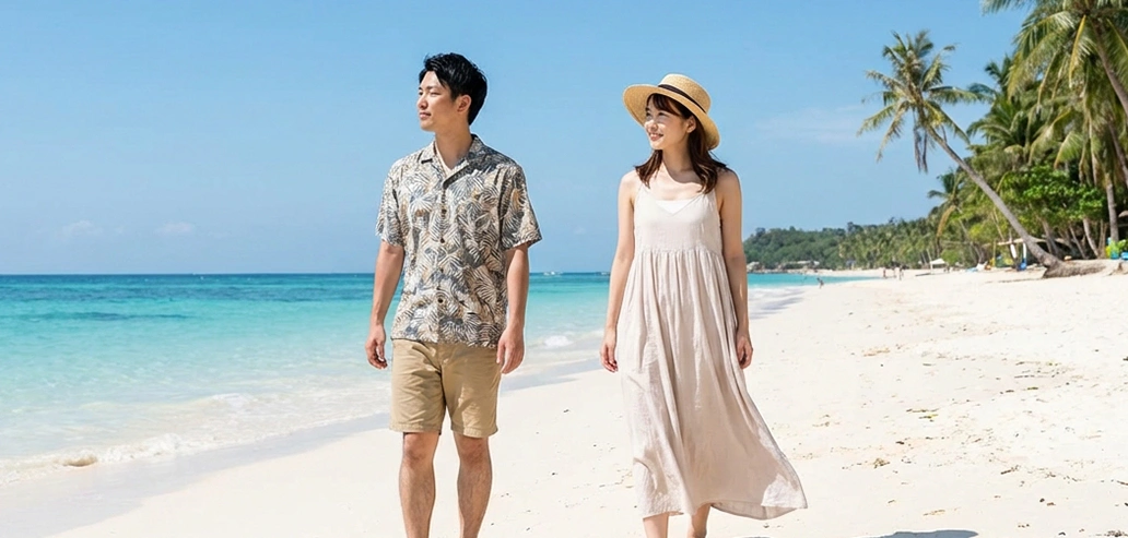 海辺を歩く観光客のリラックスした様子