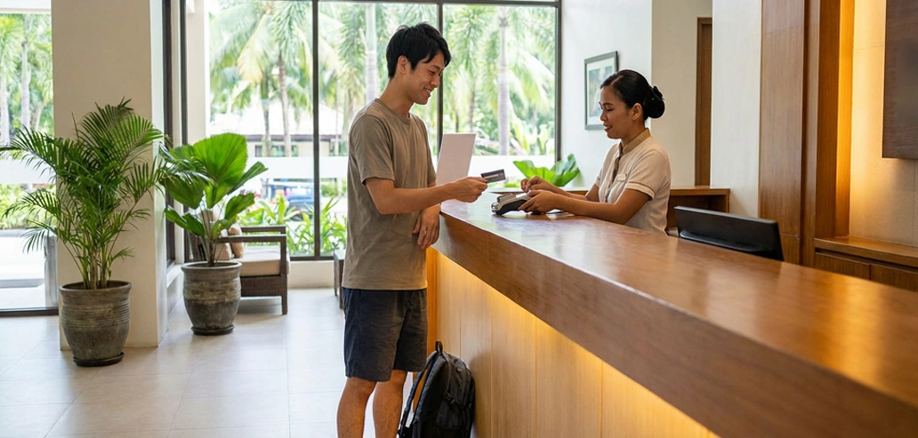 カウンターで手続きを行う利用者とスタッフ