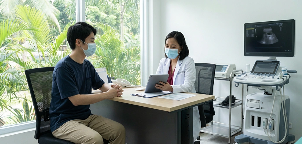 医療機関で相談をする利用者とスタッフの様子