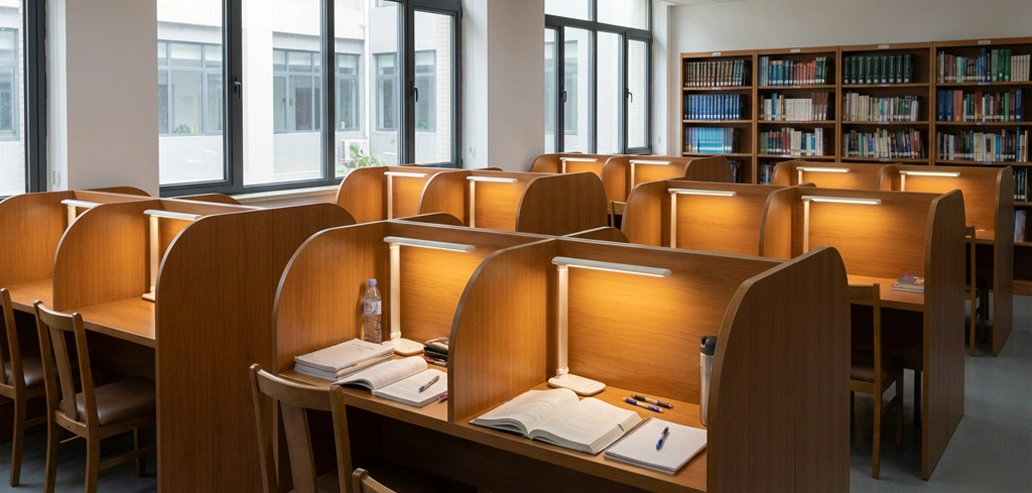 図書館の机で教科書を開いている様子