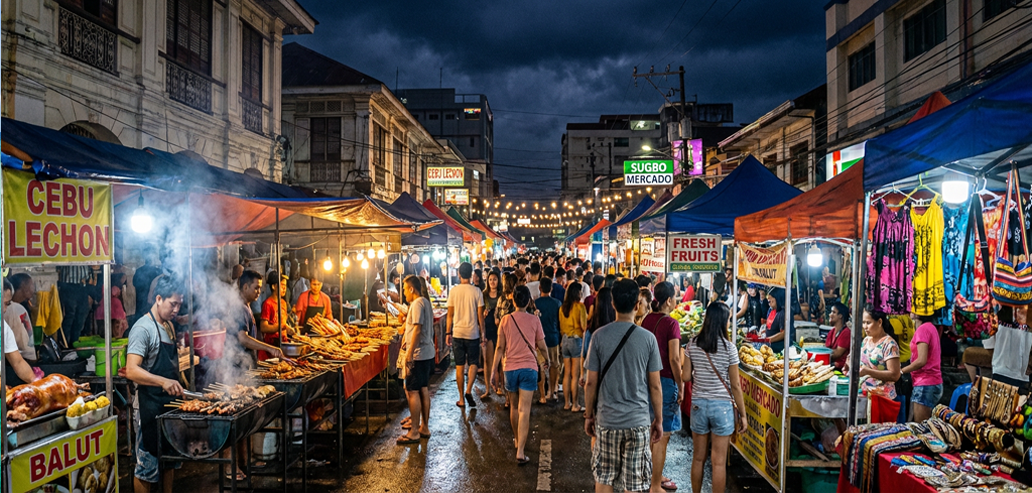 現地のナイトマーケットで賑わう夜の街並み