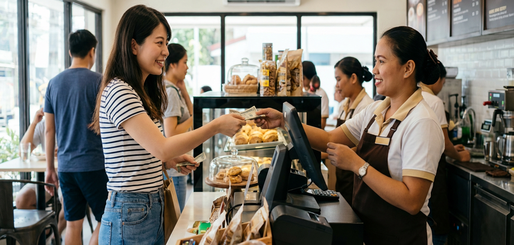 カフェで英語を使って交流する留学生たち
