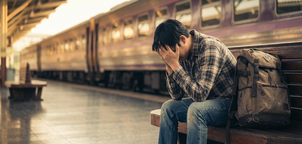 現地の駅構内で落ち込む留学生の様子