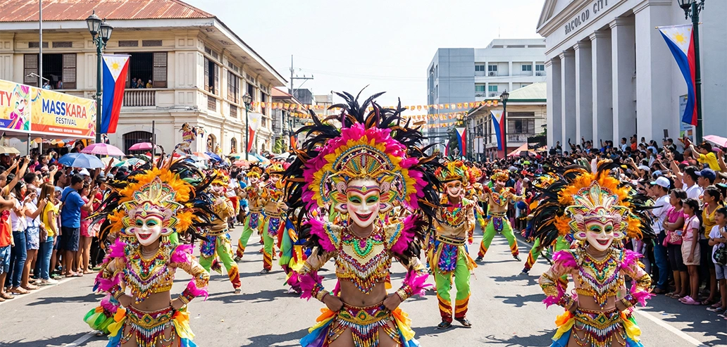 カラフルな笑顔の仮面を被ったダンサーたちのパレード
