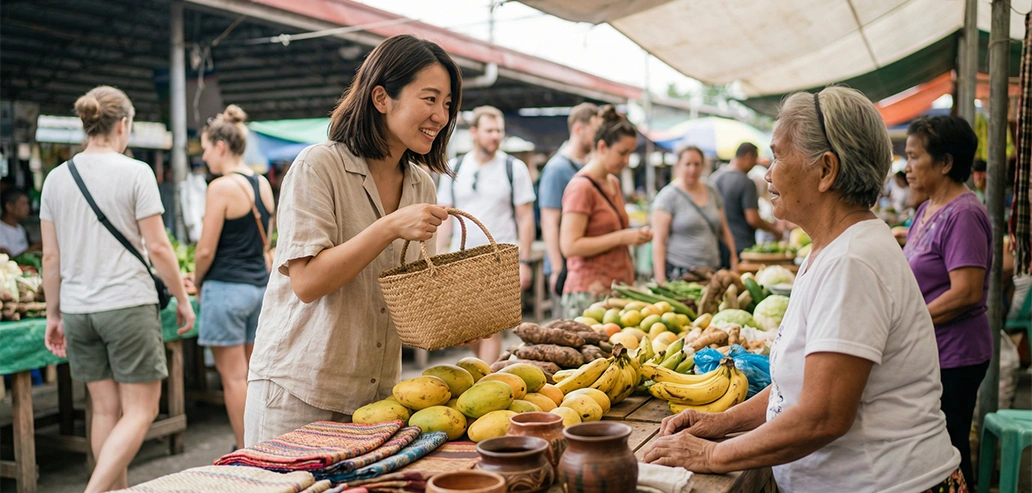 新鮮な地元の農産物が並ぶマーケット