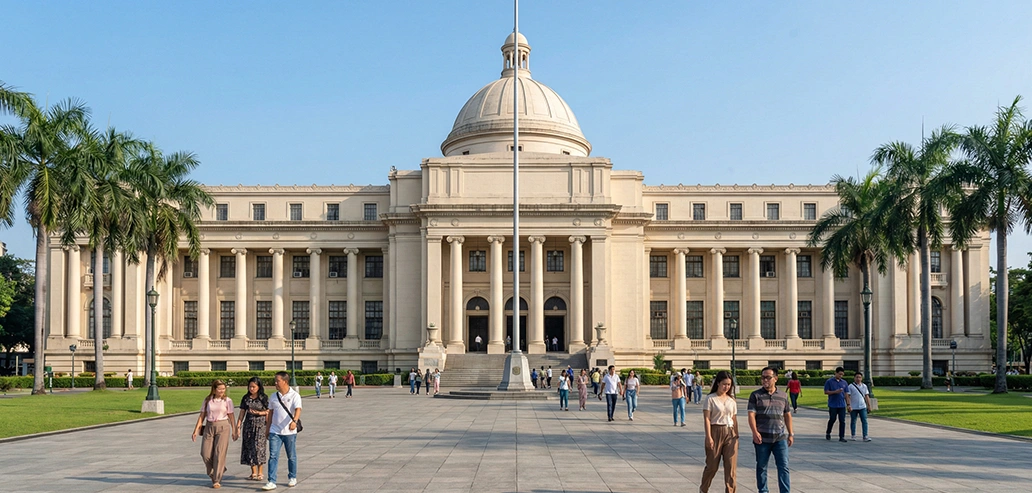 歴史的な建築物と広場に集まる人々の風景