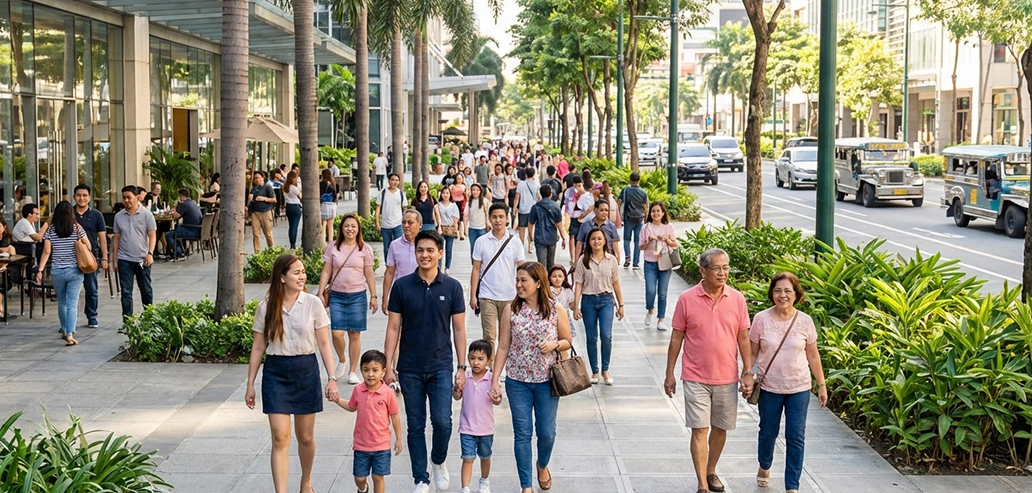 緑豊かな通りを歩く観光客のグループ