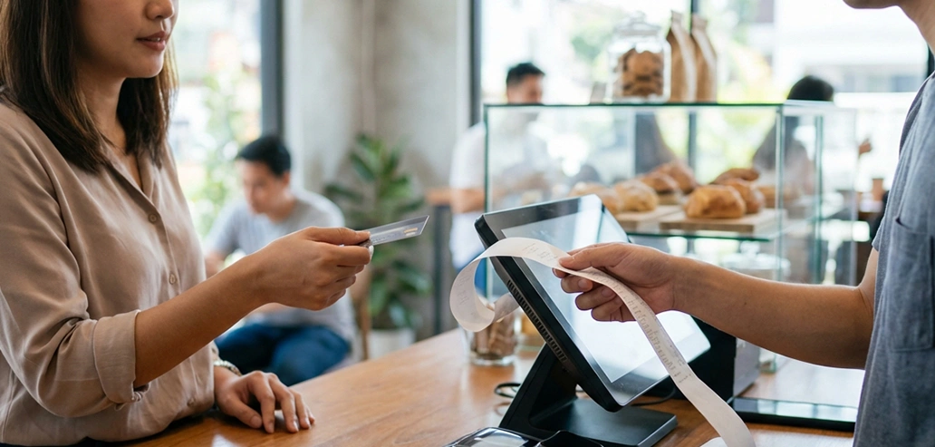 カフェで支払いをする様子とテーブルの風景