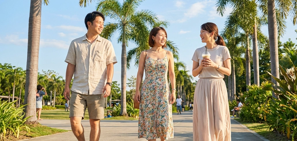 現地の気候に合った服装をした男女のイメージ