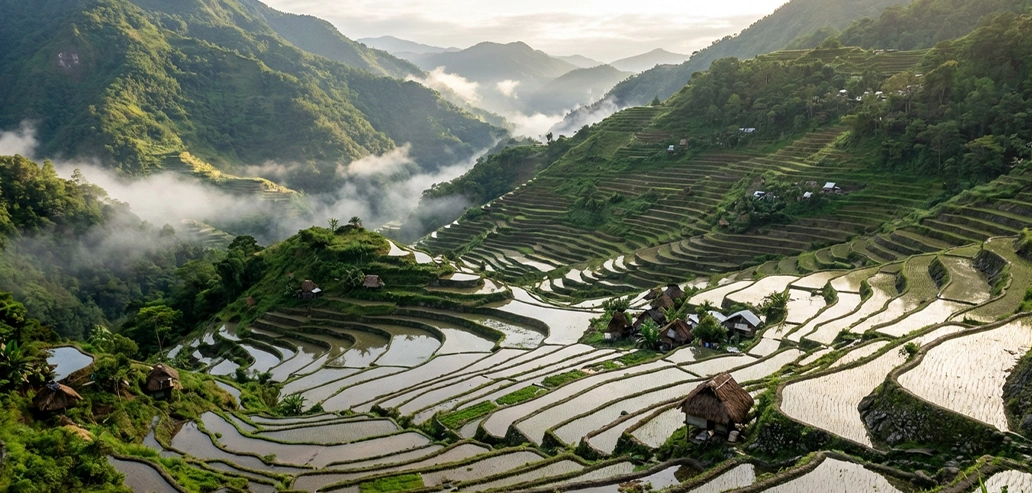 山に囲まれた街の全景と自然風景