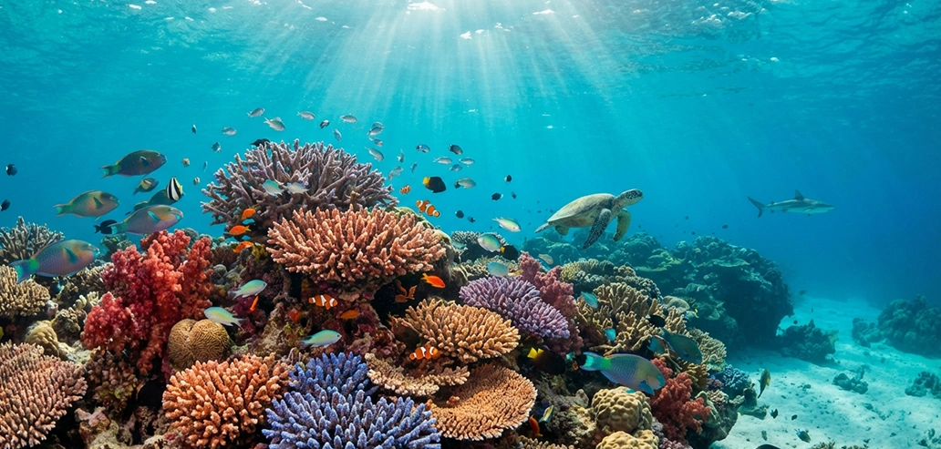 色鮮やかなサンゴ礁と熱帯魚が泳ぐ海中の様子