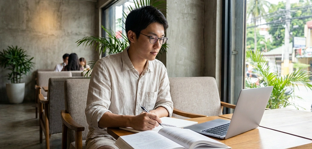 窓辺でノートパソコンを使って仕事をする人物